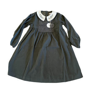 Nou Nelle Girls' Green Long Sleeve Embroidered Pointy Collar Bib Dress